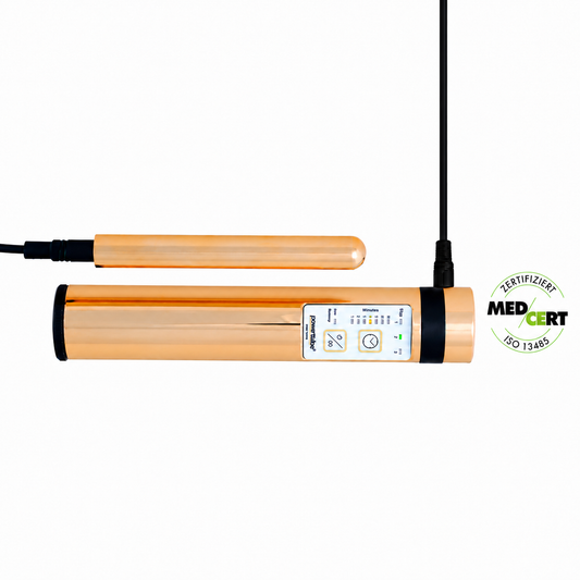 PowerTube Gold: goldfarbenes Gerät mit separater Sonde.