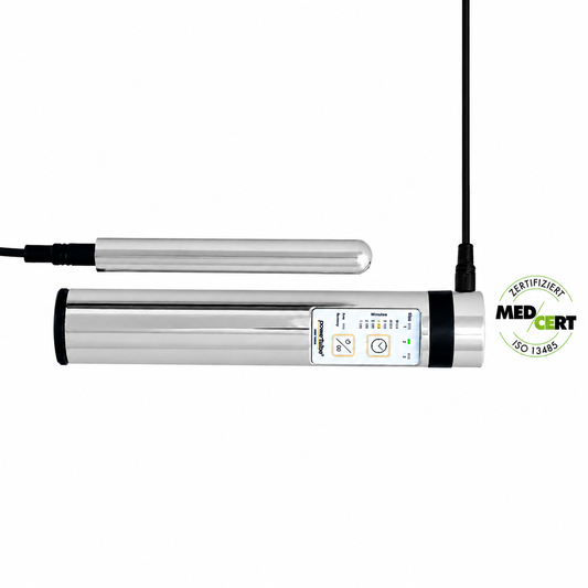 PowerTube Silver: silver-colored device with a separate probe.