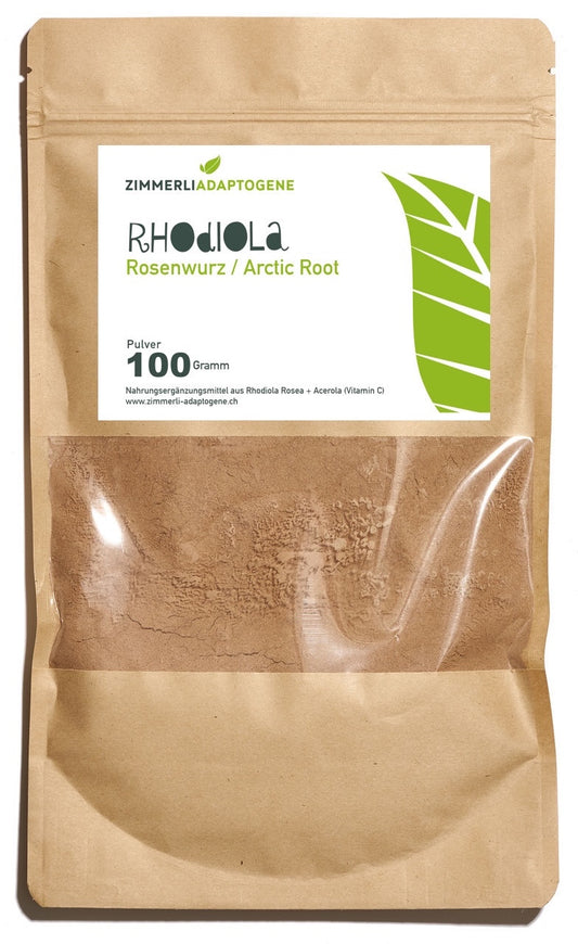 Zimmerli Adaptogene Rhodiola Rosea Pulver, 100 g: brauner Beutel mit rotbraunem Pulver im Sichtfenster.