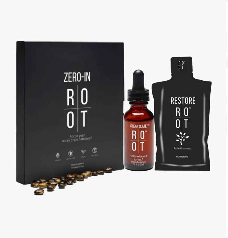 ROOT-Produkte mit ZERO-IN-Schachtel, brauner Pipettenflasche und schwarzem RESTORE-Beutel.