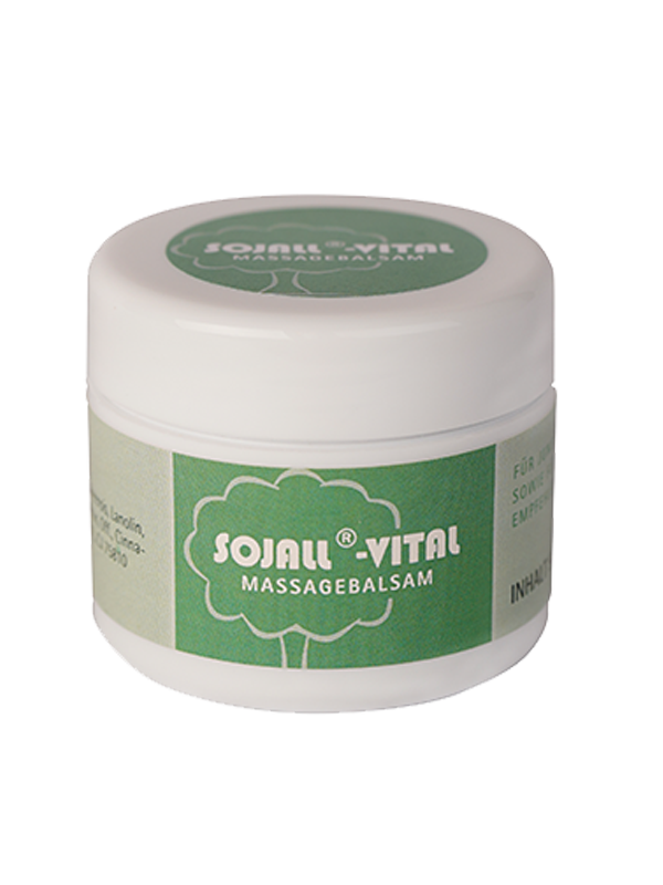 SOJALL Vital Massagebalsam, 50 ml: weissgrüner Tiegel.