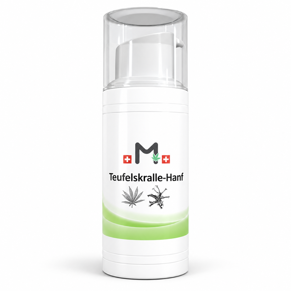 Teufelskralle Gel mit Hanf 75 ml – weisser Pumpspender mit Teufelskralle-Hanf-Etikette auf weissem Hintergrund