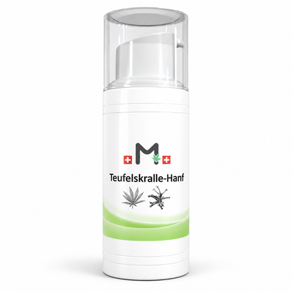 Teufelskralle Gel mit Hanf 75 ml – weisser Pumpspender mit Teufelskralle-Hanf-Etikette auf weissem Hintergrund
