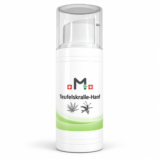 Teufelskralle Gel mit Hanf 75 ml – weisser Pumpspender mit Teufelskralle-Hanf-Etikette auf weissem Hintergrund