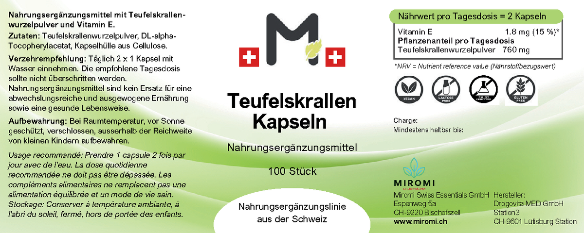 MIROMI Teufelskrallen Kapseln, 100 Stück: Etikett mit Produktangaben.