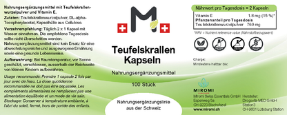 MIROMI Teufelskrallen Kapseln, 100 Stück: Etikett mit Produktangaben.