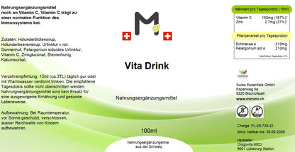 MIROMI Vita Drink, 100 ml: Etikett mit Produktangaben.