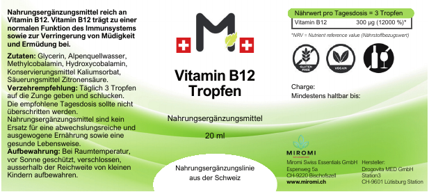 Vitamin B12 Tropfen – MIROMI Etikett mit Zutaten, Verzehrempfehlung und Nährwerten