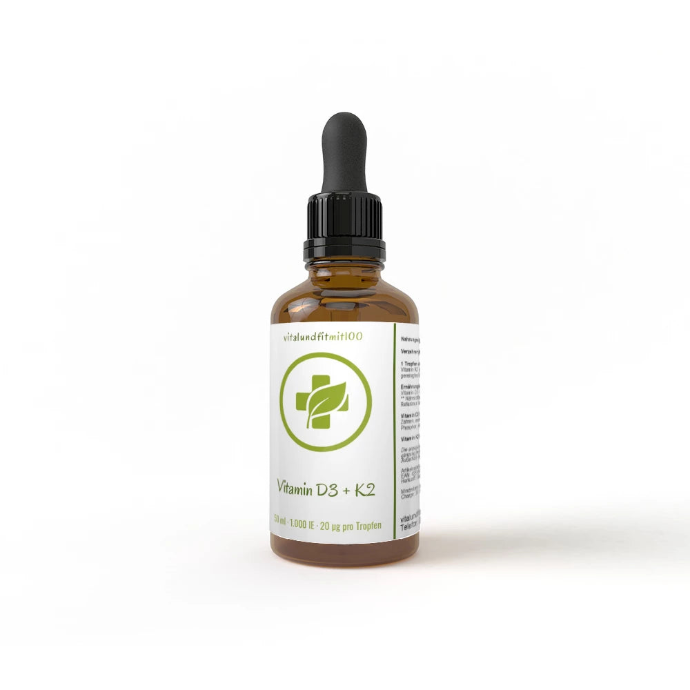 Vitamin D3 K2, 50 ml: braune Pipettenflasche mit schwarzem Verschluss.