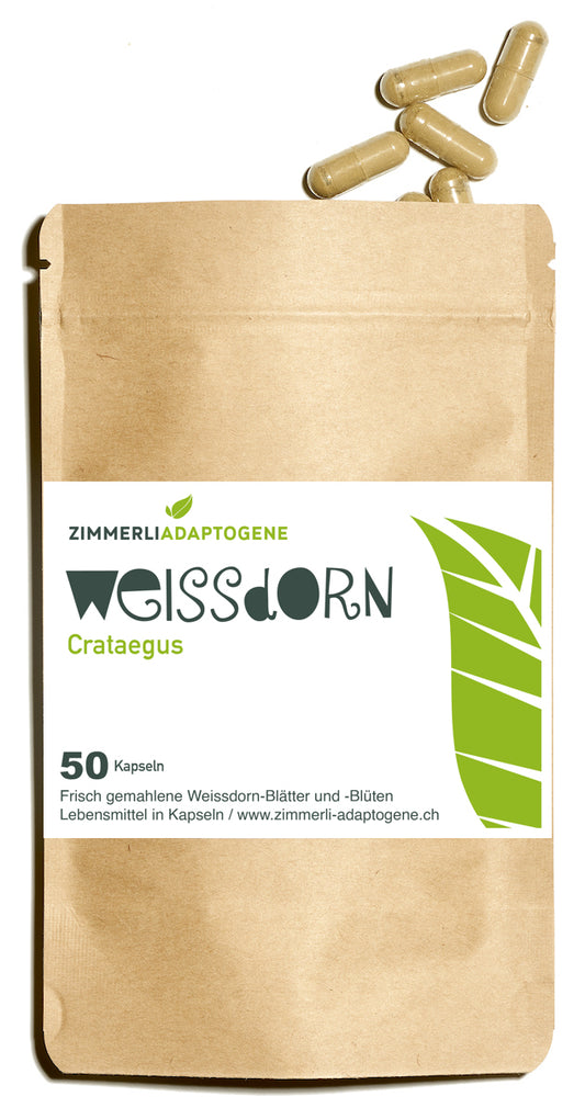 Zimmerli Adaptogene Weissdorn, 50 Kapseln: brauner Beutel mit hellbraunen Kapseln darüber.