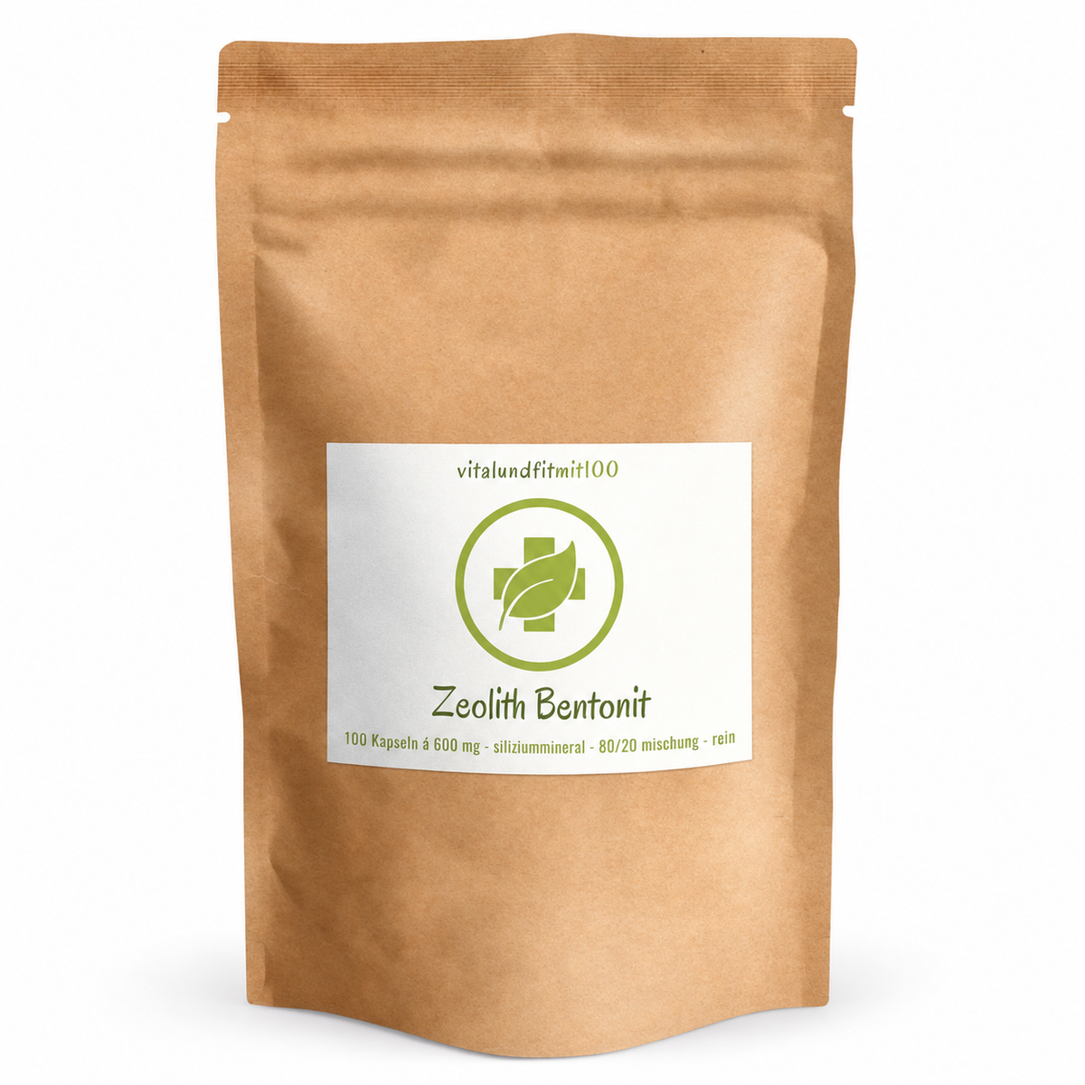 Zeolith-Bentonit Kapseln (80% Naturzeolith, 20% Bentonit) 100 Kapseln à 600 mg – Produktverpackung, Vorderseite auf weissem Hintergrund