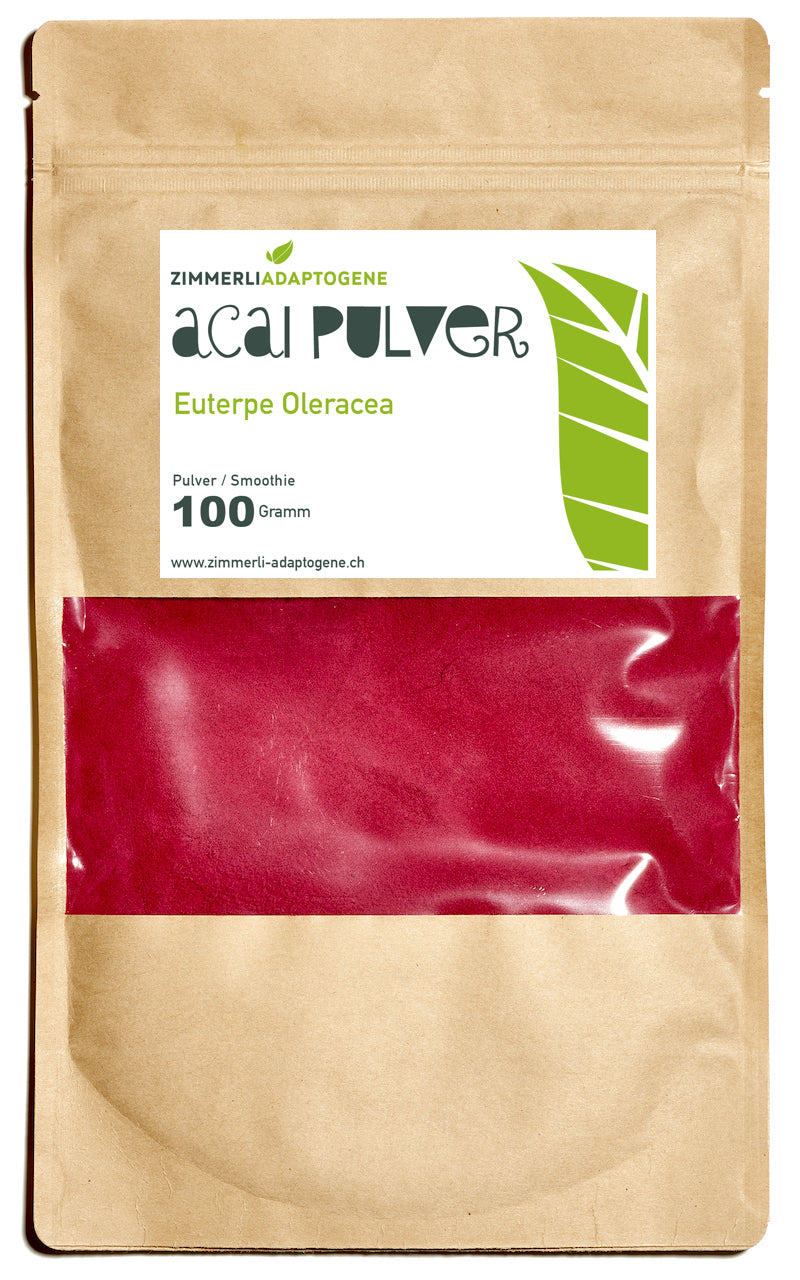 Zimmerli Adaptogene Acai in polvere, 100 g: sacchetto marrone con polvere rossa visibile.