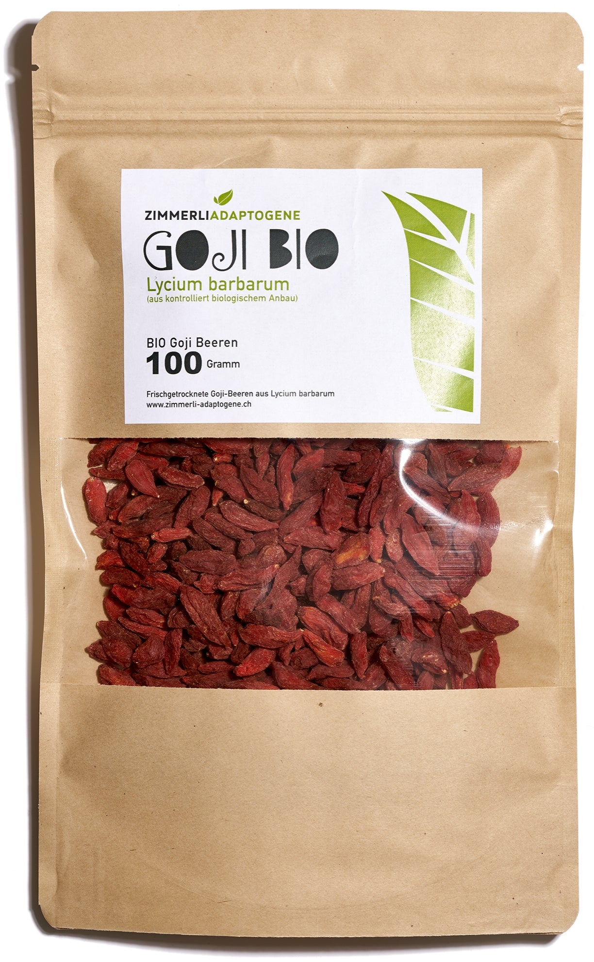 Zimmerli Adaptogene Goji BIO Beeren, 100 g: brauner Beutel mit roten Goji-Beeren im Sichtfenster.