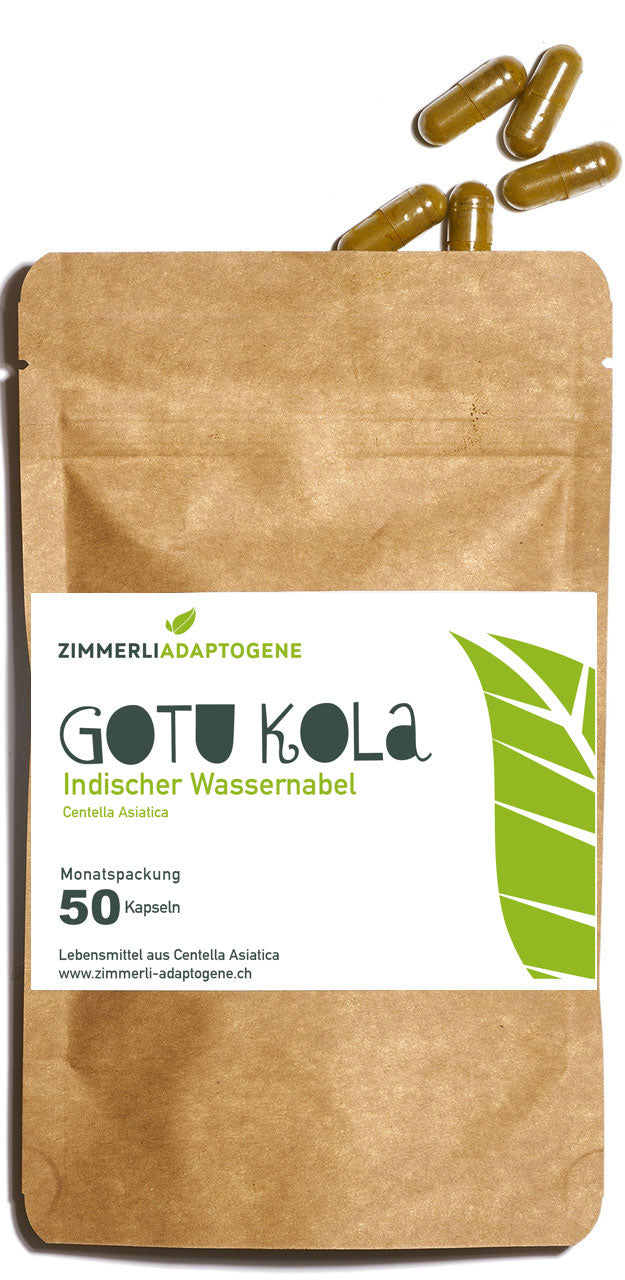 Zimmerli Adaptogene Gotu Kola, 50 Kapseln: brauner Beutel mit braunen Kapseln darüber.