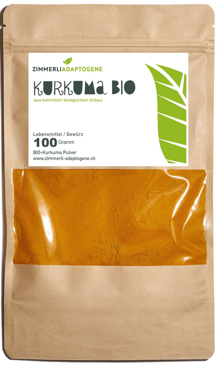 Zimmerli Adaptogene Kurkuma BIO Pulver, 100 g: brauner Beutel mit Etikett und orangefarbenem Pulver im Sichtfenster.