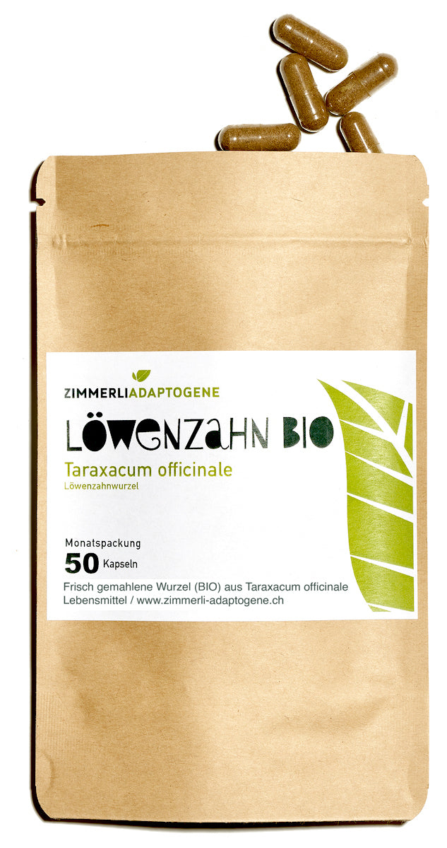 Zimmerli Adaptogene Löwenzahnwurzel BIO, 50 Kapseln: brauner Beutel mit braunen Kapseln darüber.