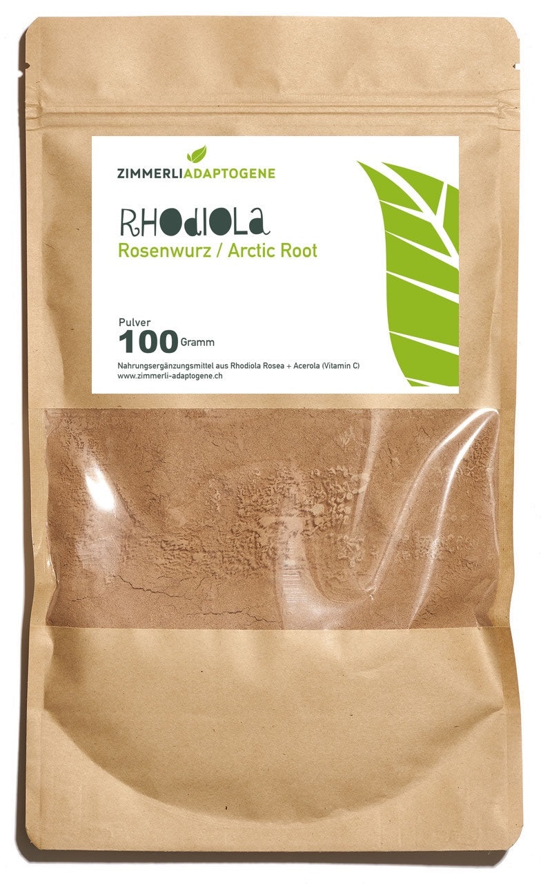Zimmerli Adaptogene Rhodiola Rosea Pulver, 100 g: brauner Beutel mit rotbraunem Pulver im Sichtfenster.