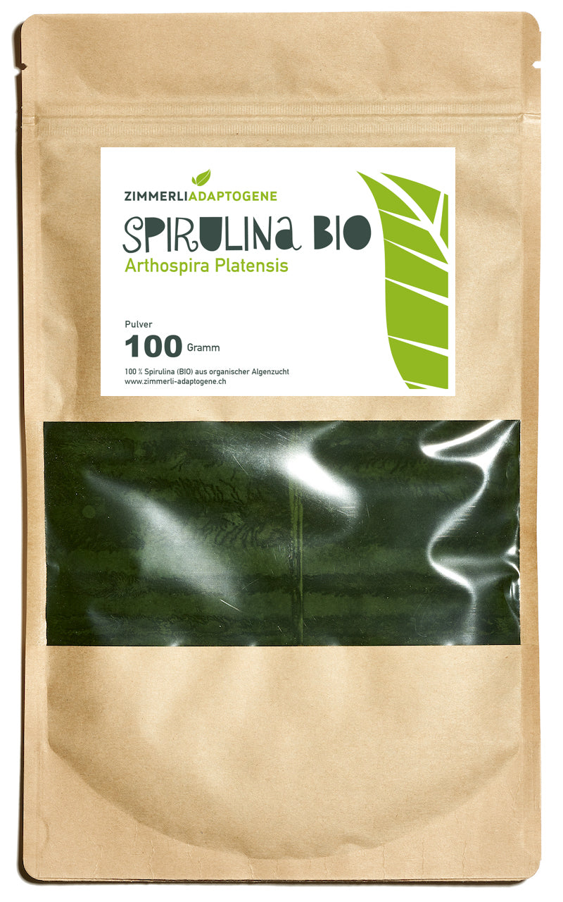 Zimmerli Adaptogene Spirulina BIO Pulver, 100 g: brauner Beutel mit dunkelgrünem Pulver im Sichtfenster.