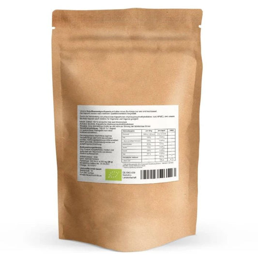  Bio Kelp Kapseln (aus Meeresalgen) 100 Stück à 100 µg - hochdosiert, reich an Jod – Rückseite mit Etikette und Inhaltsstoffen |  MIROMI - Swiss Essentials GmbH