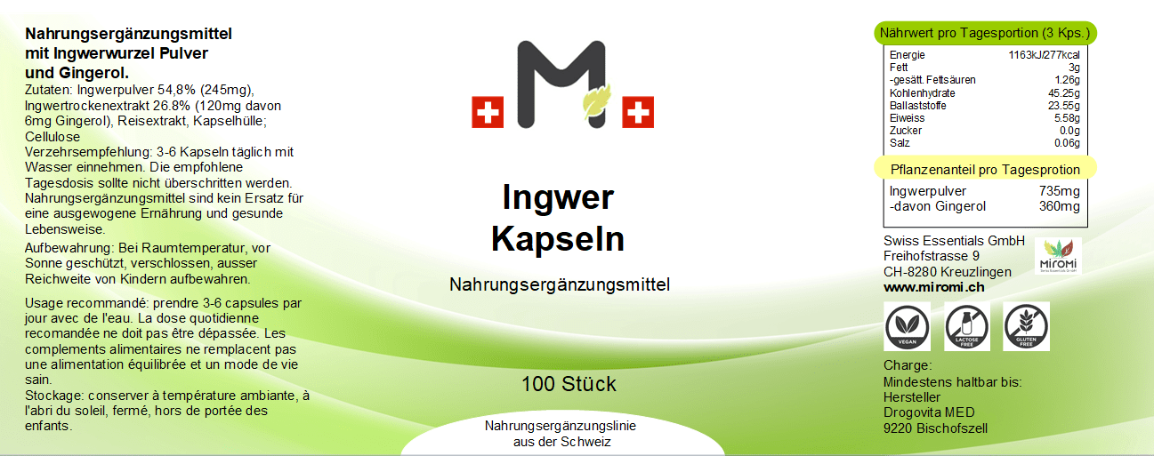  Ingwer Kapseln – Rückseite mit Etikette und Inhaltsstoffen |  MIROMI - Swiss Essentials GmbH