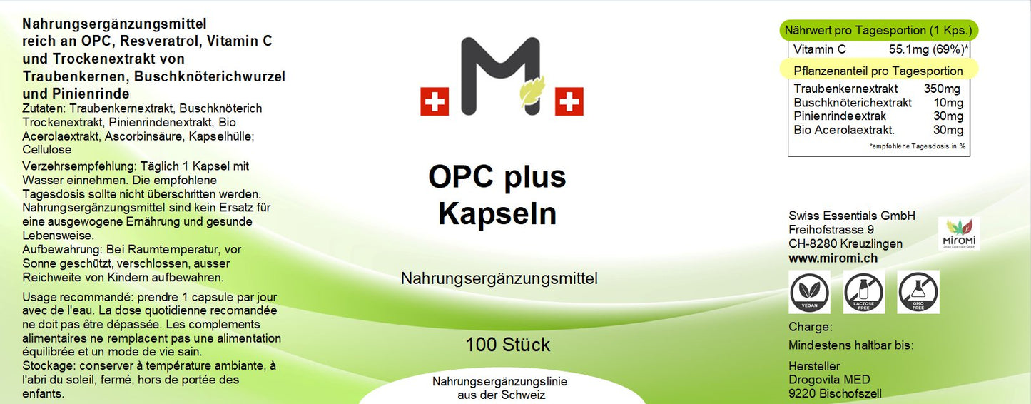  OPC plus Kapseln – Rückseite mit Etikette und Inhaltsstoffen |  MIROMI - Swiss Essentials GmbH