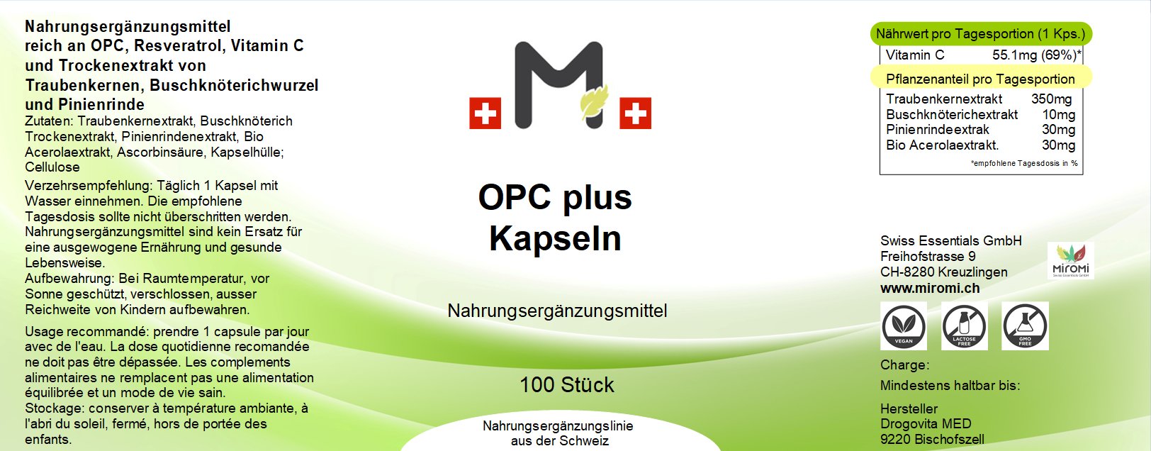  OPC plus Kapseln – Rückseite mit Etikette und Inhaltsstoffen |  MIROMI - Swiss Essentials GmbH