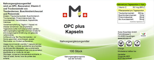  OPC plus Kapseln – Rückseite mit Etikette und Inhaltsstoffen |  MIROMI - Swiss Essentials GmbH