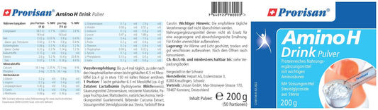  PROVISAN AMINO H-DRINK – Rückseite mit Etikette und Inhaltsstoffen |  MIROMI - Swiss Essentials GmbH