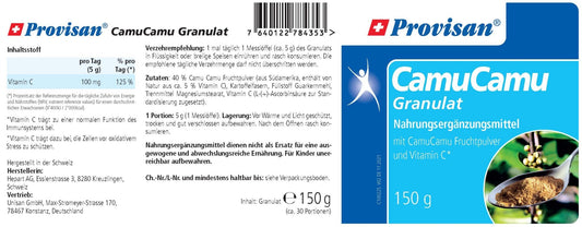  PROVISAN CAMU-CAMU GRANULAT – Rückseite mit Etikette und Inhaltsstoffen |  MIROMI - Swiss Essentials GmbH
