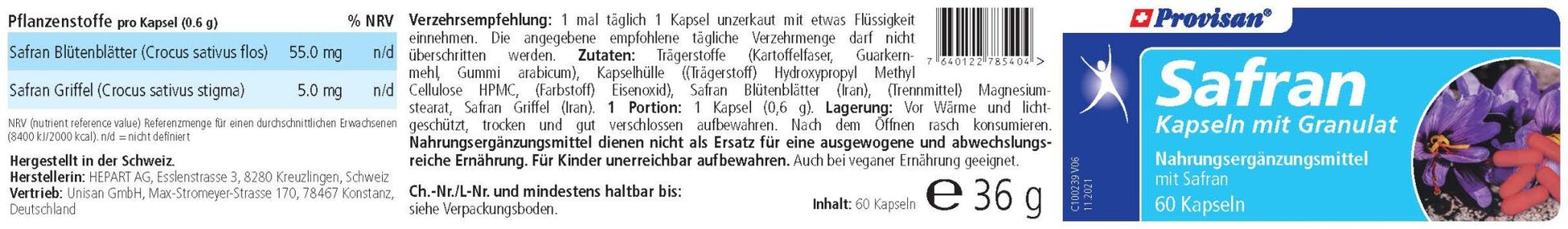  PROVISAN SAFRAN KAPSELN – Rückseite mit Etikette und Inhaltsstoffen |  MIROMI - Swiss Essentials GmbH