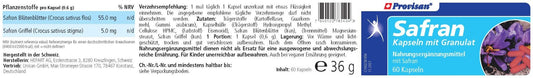  PROVISAN SAFRAN KAPSELN – Rückseite mit Etikette und Inhaltsstoffen |  MIROMI - Swiss Essentials GmbH