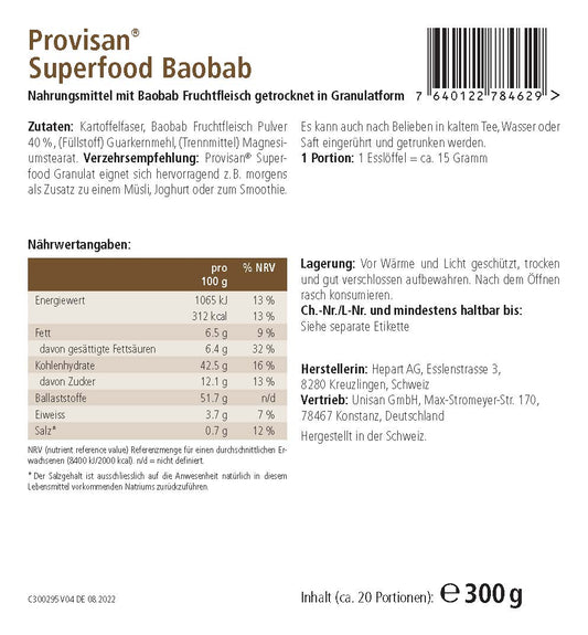 PROVISAN SUPERFOOD BAOBAB – Rückseite mit Etikette und Inhaltsstoffen |  MIROMI - Swiss Essentials GmbH