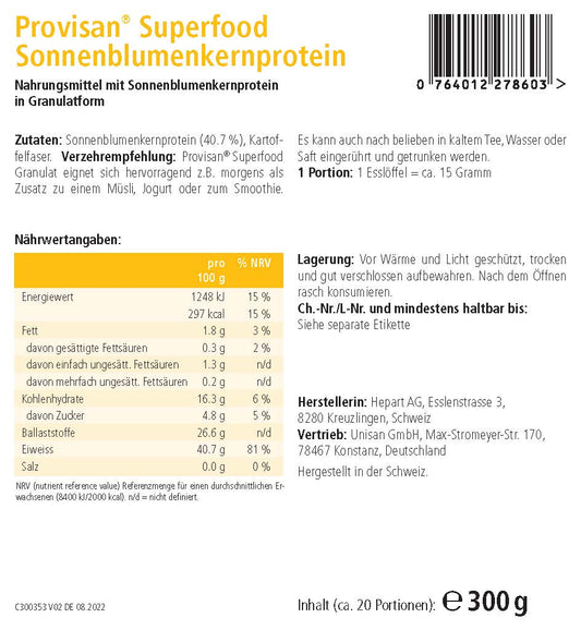  PROVISAN SUPERFOOD SONNENBLUMENKERNPROTEIN – Rückseite mit Etikette und Inhaltsstoffen |  MIROMI - Swiss Essentials GmbH