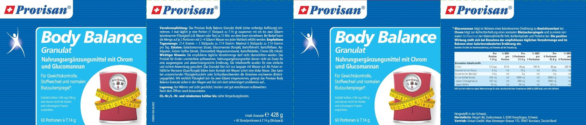  Provisan Body Balance Granulat (Stickpacks) – Rückseite mit Etikette und Inhaltsstoffen |  MIROMI - Swiss Essentials GmbH