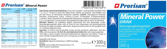  Provisan Mineral Power Drink – Rückseite mit Etikette und Inhaltsstoffen |  MIROMI - Swiss Essentials GmbH