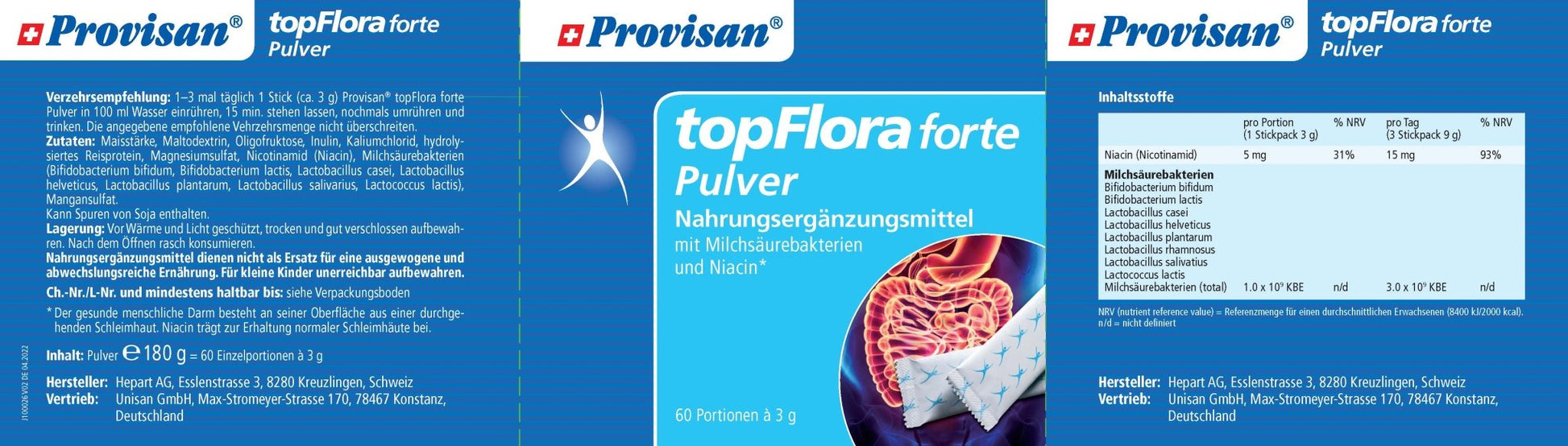  Provisan Topflora Forte Pulver (Stickpacks) – Rückseite mit Etikette und Inhaltsstoffen |  MIROMI - Swiss Essentials GmbH