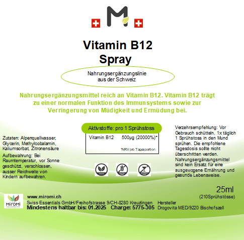  Vitamin B12 Spray – Rückseite mit Etikette und Inhaltsstoffen |  MIROMI - Swiss Essentials GmbH