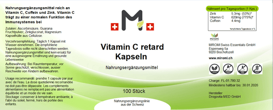  Vitamin C retard Kapseln – Rückseite mit Etikette und Inhaltsstoffen |  MIROMI - Swiss Essentials GmbH