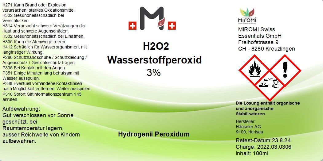  Wasserstoffperoxid 3% – Rückseite mit Etikette und Inhaltsstoffen |  MIROMI - Swiss Essentials GmbH