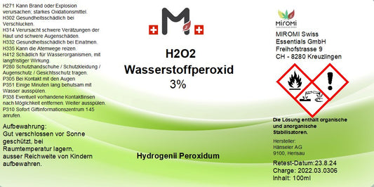  Wasserstoffperoxid 3% – Rückseite mit Etikette und Inhaltsstoffen |  MIROMI - Swiss Essentials GmbH