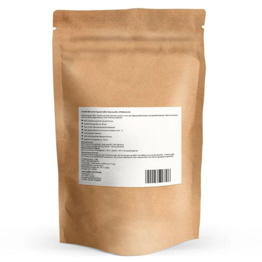  Zeolith-Bentonit Kapseln (80% Naturzeolith, 20% Bentonit) 100 Kapseln à 600 mg – Rückseite mit Etikette und Inhaltsstoffen |  MIROMI - Swiss Essentials GmbH