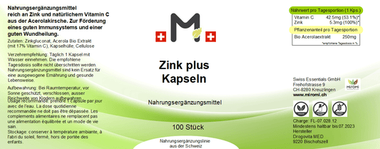  Zink plus Kapseln – Rückseite mit Etikette und Inhaltsstoffen |  MIROMI - Swiss Essentials GmbH