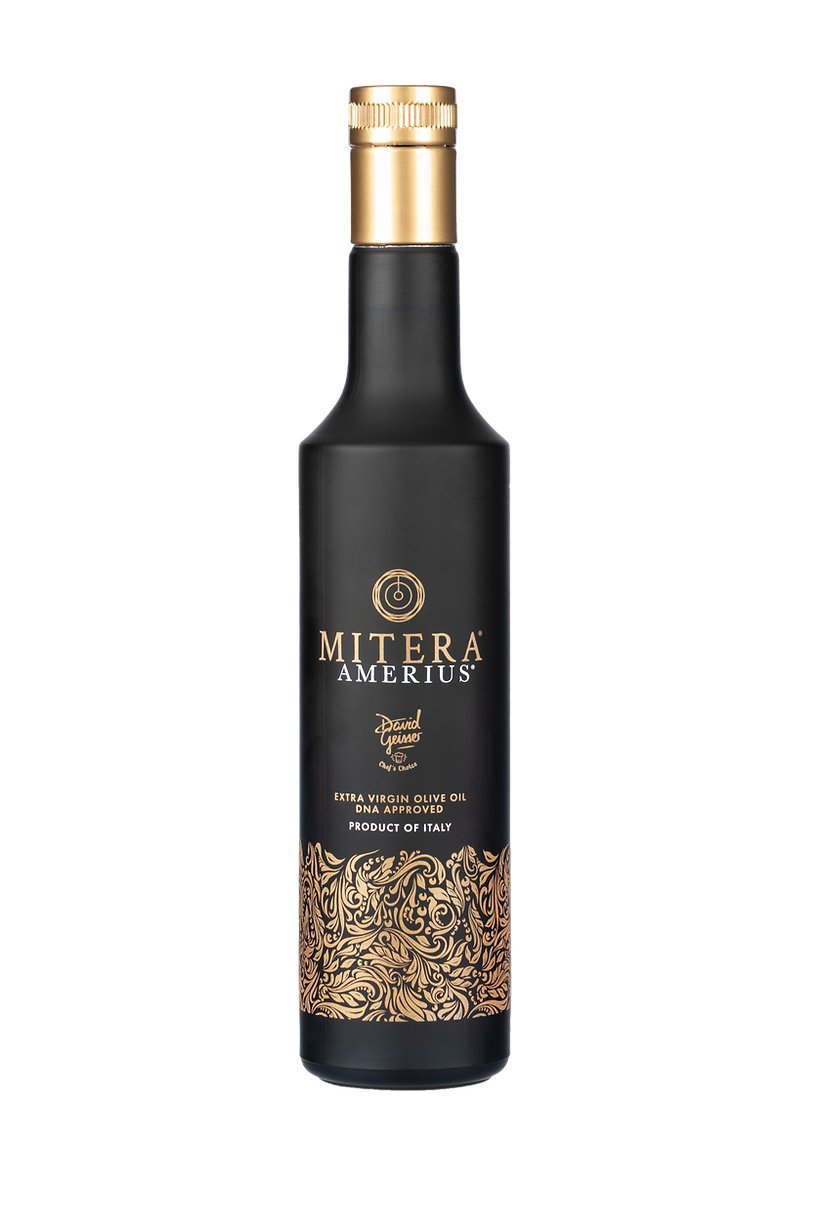 MITERA AMERIUS, 500 ml: dunkle Olivenölflasche in Vorderansicht.