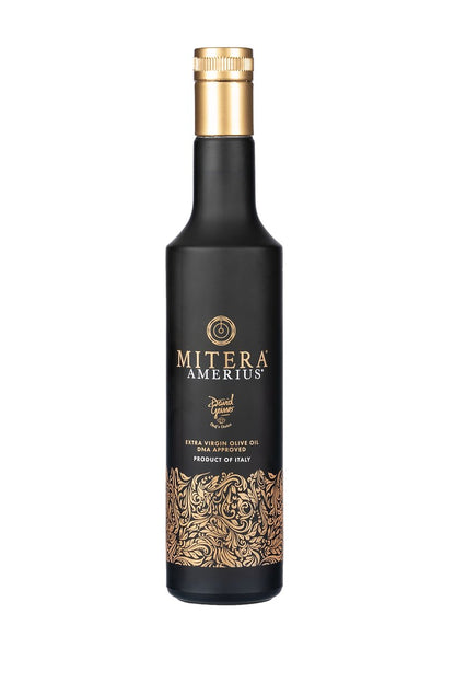 MITERA AMERIUS, 500 ml: dunkle Olivenölflasche in Vorderansicht.