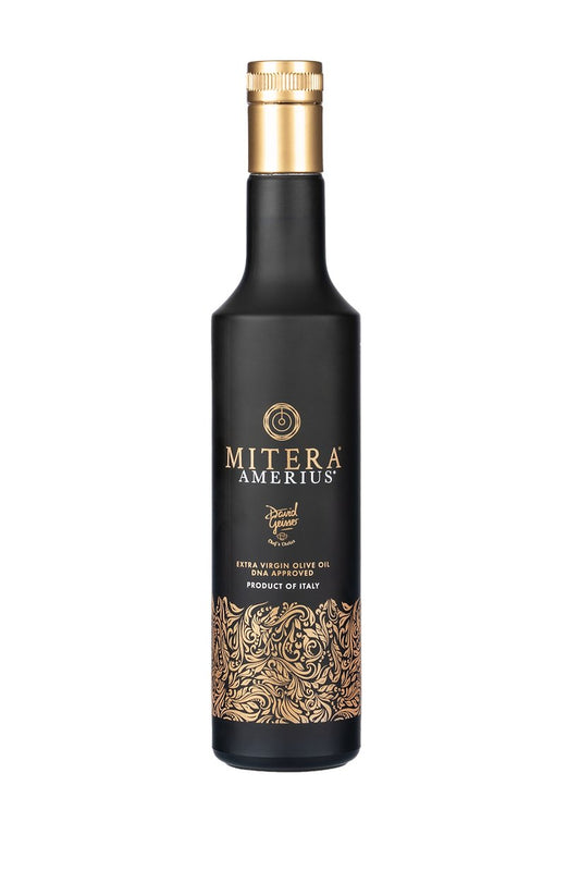 MITERA AMERIUS, 500 ml: dunkle Olivenölflasche in Vorderansicht.