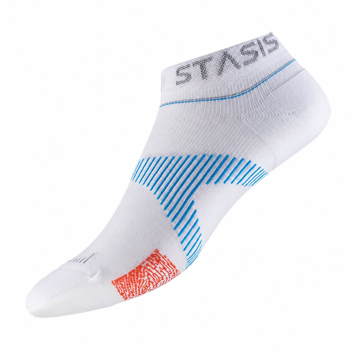 STASIS Athletic No-Show: weisse Socke in Seitenansicht.