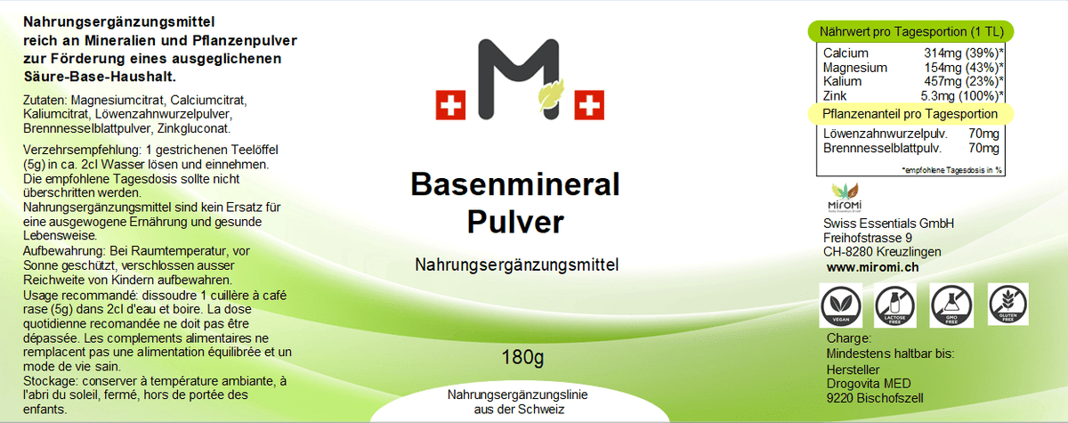 MIROMI Basenmineral, 180 g: Etikett mit Produktangaben.