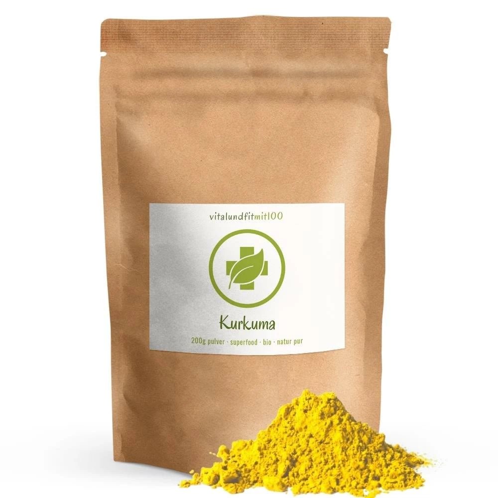 Bio Kurkuma, 200 g: brauner Beutel neben gelbem Pulver.