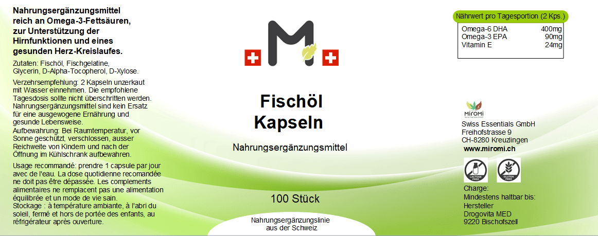 MIROMI Fischöl, 100 Stk.: Etikett mit Produktangaben.