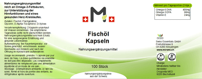 MIROMI Fischöl, 100 Stk.: Etikett mit Produktangaben.